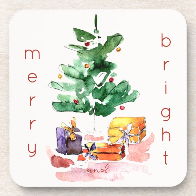 Merry and Bright Modern Christmas Tree Coaster (Front)