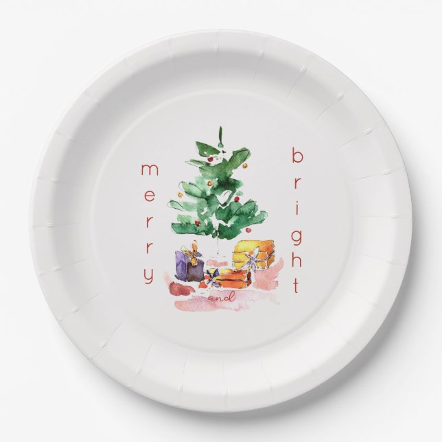 Merry and Bright Modern Christmas Tree Paper Plate (Front)