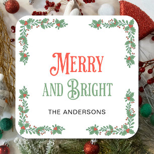 Merry And Bright Modern Family Name Christmas Square Sticker