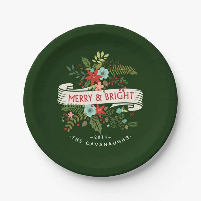Merry and Bright Modern Floral Holiday Plates (Front)