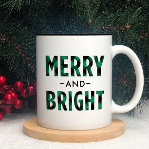 Merry and Bright Modern Green Buffalo Plaid Two-Tone Coffee Mug