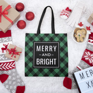 Merry and Bright Modern Green Plaid Holiday Tote Bag