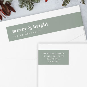 Merry and Bright Modern Minimal Christmas Green Wrap Around Label