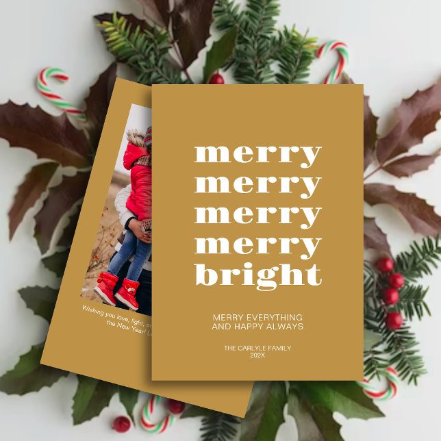 Merry and Bright Modern Minimal Gold Photo Holiday Card (Creator Uploaded)