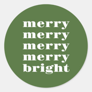 Merry and Bright Modern Minimal Green Christmas Classic Round Sticker