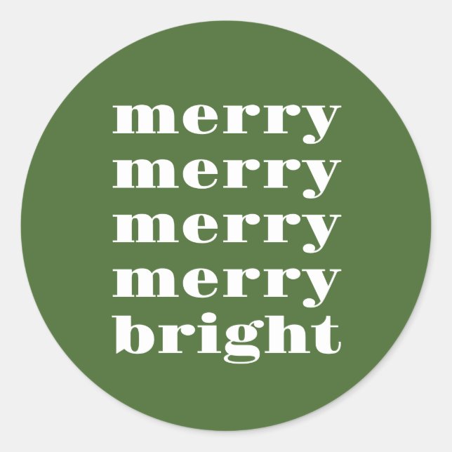 Merry and Bright Modern Minimal Green Christmas Classic Round Sticker (Front)