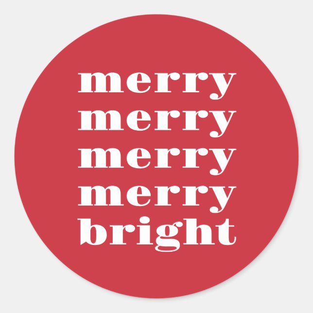 Merry and Bright Modern Minimal Red Christmas Classic Round Sticker (Front)