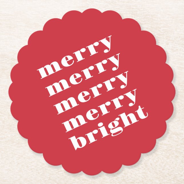 Merry and Bright Modern Minimal Red Christmas Paper Coaster (Front)
