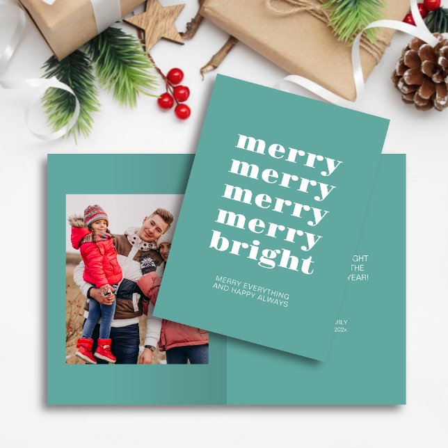 Merry and Bright Modern Minimal Teal Blue Photo Holiday Card (Creator Uploaded)