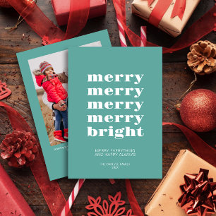 Merry and Bright Modern Minimal Teal Blue Photo Holiday Card