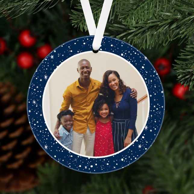 Merry and Bright Modern Navy Stars Family Photo Ornament (Creator Uploaded)