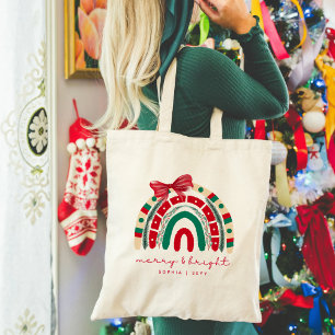 Merry and Bright Modern Red and Green Christmas Tote Bag