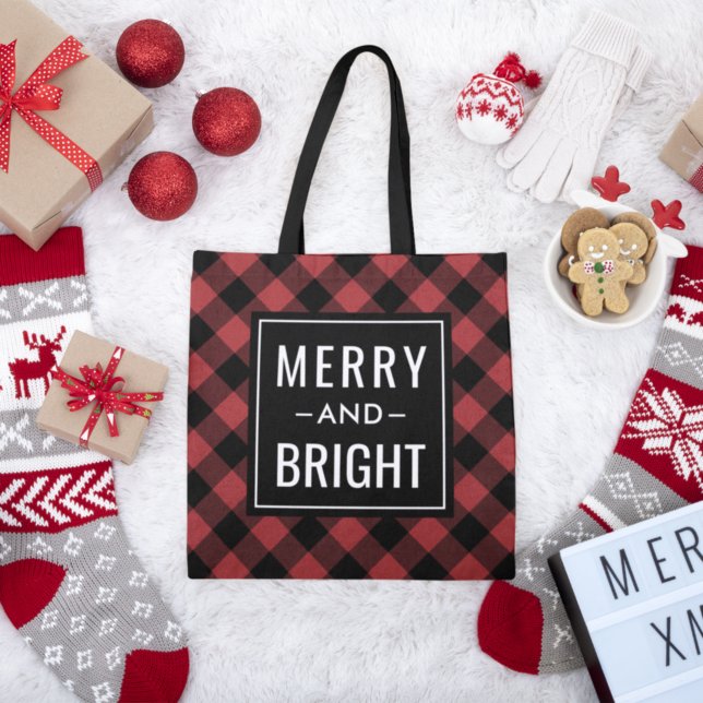 Merry and Bright Modern Red Buffalo Plaid Holiday Tote Bag (Creator Uploaded)