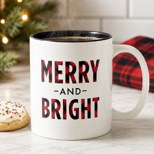 Merry and Bright Modern Red Buffalo Plaid Two-Tone Coffee Mug