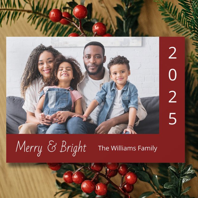 Merry and Bright Modern Red Christmas Family Photo Holiday Card (Creator Uploaded)