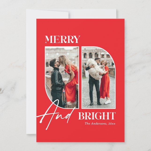 Merry and Bright | Modern Red Christmas Photo Holiday Card (Front)