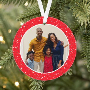 Merry and Bright Modern Red Stars Family Photo Ornament