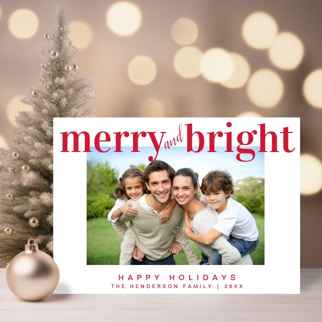 Merry and Bright Modern Red Typography Photo Holiday Card (Share the love and warmth of the season with your personalized photo Christmas card)
