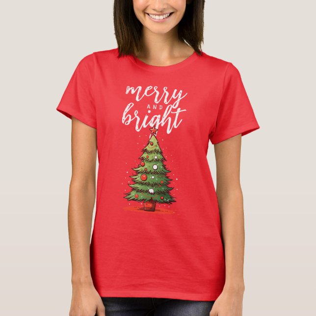 Merry and Bright Modern Red Women's Christmas T-Shirt (Front)