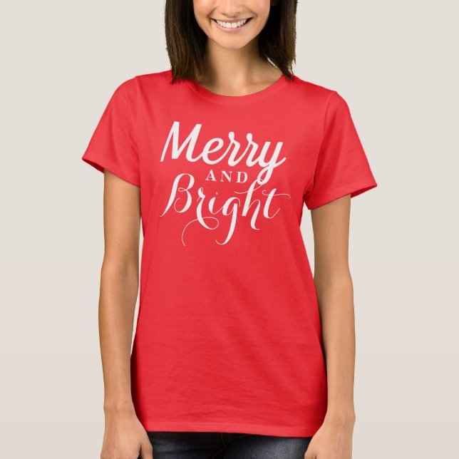 Merry and Bright Modern Red Women's Christmas T-Shirt (Front)