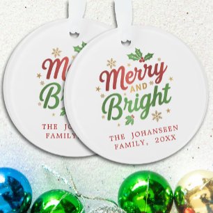Merry and Bright Modern Retro Christmas Typography Ornament