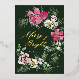 Merry and Bright Modern Scripted Design Foil Holiday Card