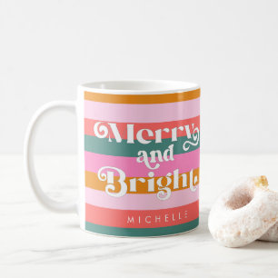 Merry and Bright Modern Stripe Christmas Custom Coffee Mug