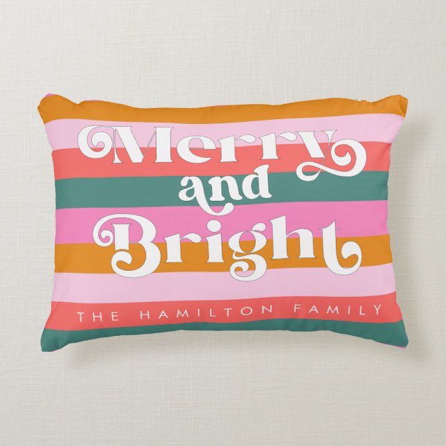 Merry and Bright Modern Stripe Christmas Custom Decorative Cushion (Front)