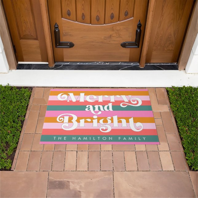 Merry and Bright Modern Stripe Christmas Custom Doormat (Outdoor)
