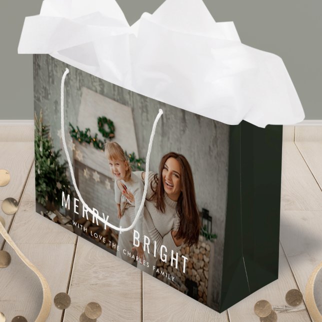 Merry and Bright | Modern Stylish Christmas Photo Large Gift Bag (Creator Uploaded)
