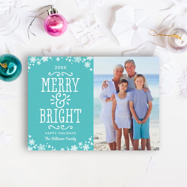 Merry and Bright Modern Teal Blue Photo Holiday Card (Creator Uploaded)