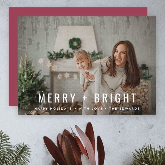 Merry and Bright | Modern Trendy Christmas Photo Holiday Card (Share modern holiday cheer with a vintage rose Merry + Bright photo card by Guava)