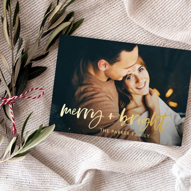 Merry and Bright | Modern Two Photo Christmas Foil Holiday Card (This elegant, gold foil Christmas card says "merry and bright" in modern script with two photos)