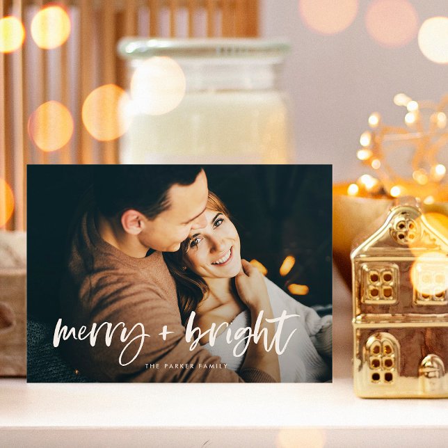 Merry and Bright | Modern Two Photo Christmas Holiday Card (A modern and elegant holiday card with two family photos and casual white typography)