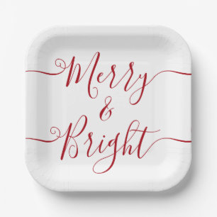 Merry And Bright   Modern Typography Red Christmas Paper Plate