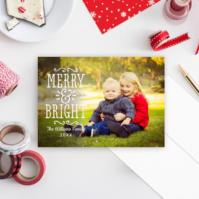 Merry and Bright Modern White Overlay Photo Holiday Card (Creator Uploaded)