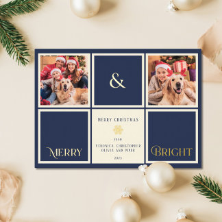 Merry And Bright Navy Blue Gold Foil 2 Photo Foil Holiday Card