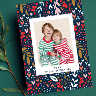 Merry and Bright Navy Botanical Christmas Photo Holiday Card