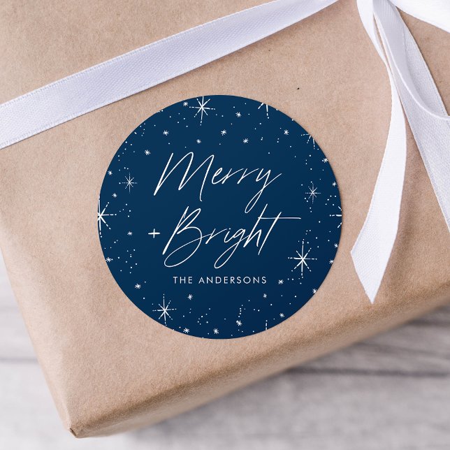 Merry and Bright Navy Holiday Classic Round Sticker (Creator Uploaded)