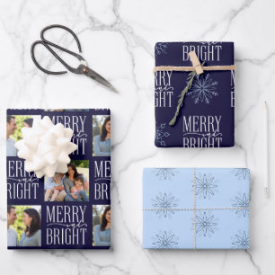 Merry and Bright Navy Photo Snowflake Wrapping Paper Sheet
