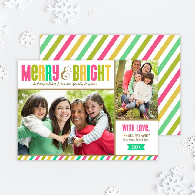 Merry and Bright Neon Colors and Stripes Photo Holiday Card (Creator Uploaded)