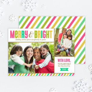 Merry and Bright Neon Colours and Stripes Photo Holiday Card