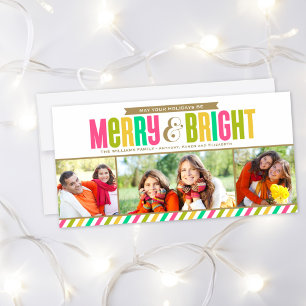 Merry and Bright Neon Colours and Stripes Photo Holiday Card