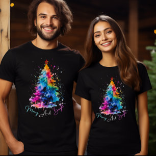 Merry and Bright Neon Watercolor Christmas Tree  T-Shirt