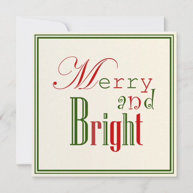 Merry and Bright on Light Gold, Green Border Holiday Card (Front)