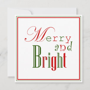 Merry and Bright on White, Red 'n Green Border Holiday Card