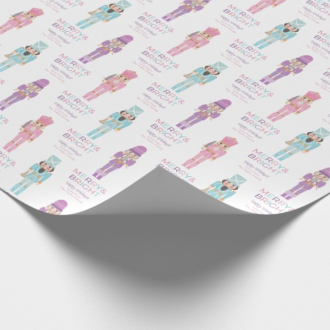 Merry And Bright Pastel Nutcrackers Custom Text Wrapping Paper (Corner)