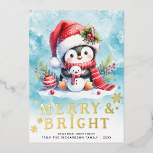Merry and Bright Penguin Blue Red Gold Christmas Foil Holiday Card