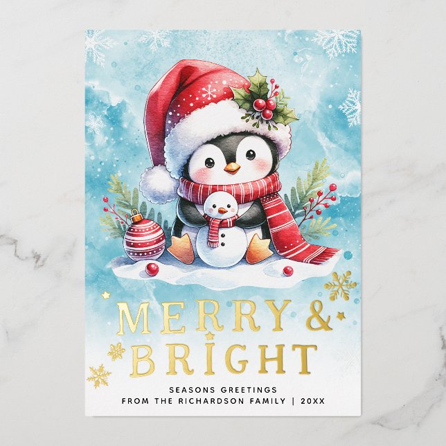 Merry and Bright Penguin Blue Red Gold Christmas Foil Holiday Card (Front)