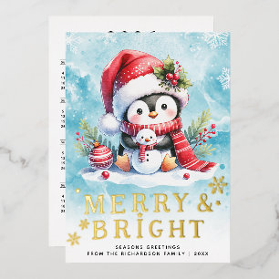 Merry and Bright Penguin Blue Red Gold Christmas Foil Holiday Card